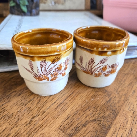 2 Wheat Vintage Stoneware Mini Crocks / Jelly Jars / Planters / Toothpick Holder - Picture 1 of 7